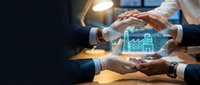 Business hands protecting holographic house model with smart home technology icons, real estate investment and property insurance concept for modern living.