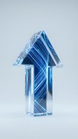 Upward arrow symbol made of transparent glass with blue striped pattern inside, isolated on white background for business growth, success, and financial increase concepts.