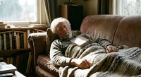 Senior man with white beard resting on leather sofa covered with knitted blanket in cozy living room with bookshelves and natural window light for relaxation concepts.