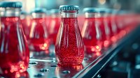 Red carbonated beverage in glass bottles on production line. Bright fizzy drink manufacturing process with selective focus on single bottle. Industrial bottling facility.