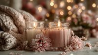 Cozy winter home decor with lit candles in glass jars, soft knitted blanket and delicate pink flowers creating warm festive atmosphere for holidays.