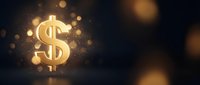 Golden dollar sign symbol glowing with sparkling light effects on dark background for finance, investment, wealth and money concepts.