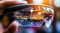 Futuristic cityscape reflection in sunglasses lens with neon lights and modern architecture creating urban night scene with bokeh background effect.