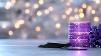 Purple glowing candle with decorative grapes against blurred bokeh lights background creates magical holiday atmosphere for festive design and greeting cards.