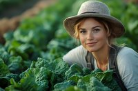 Caucasian woman farmer wearing straw hat and overalls inspecting fresh kale crops in vegetable garden, suitable for agriculture, farming, and organic produce marketing.