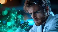 Young male scientist with red beard examining samples through microscope in dark laboratory with dramatic green and blue bokeh lighting effects in background.
