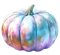Holographic iridescent pumpkin with rainbow metallic surface and green stem on white background, isolated design element for seasonal decoration.