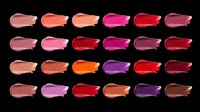 Lipstick swatches in assorted shades ranging from nude and pink to red, burgundy, and purple, isolated on transparent background and ready for cosmetics marketing, beauty product design, makeup tutorials, print-on-demand materials, and digital design projects.