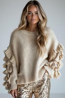 Young Caucasian woman with long blonde wavy hair wearing cream knit sweater with ruffled sleeves and gold sequin pants against light background. Fashion portrait.