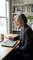 Senior businesswoman with gray hair working on tablet at home office desk with coffee cup and bookshelf background for professional consulting concepts.