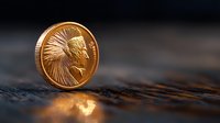 Shiny gold coin with Native American chief profile standing on edge against dark textured surface with dramatic lighting and reflection.