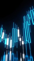 Glowing neon candlestick chart with cyan and white bars on dark background, representing stock market data, financial trading analysis, and cryptocurrency price movements.