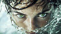 Young woman with striking green eyes emerging from water with wet dark hair and water droplets on face creating dramatic portrait for wellness and beauty concepts.