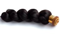 Loose wave black hair bundle with gold thread wrap at end, isolated on white background for beauty and hair extension business marketing.