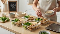 Meal prep containers with grains, fresh vegetables and protein portions arranged on wooden table with person in apron organizing weekly food planning and healthy eating portions.