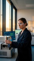 Female scientist in safety glasses operating laboratory equipment in modern research facility with computer monitors and natural lighting.