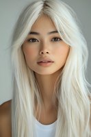 Young Asian woman with platinum blonde hair and natural makeup wearing white tank top against light background, soft studio lighting creates gentle shadows.
