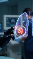Futuristic medical technology showing transparent lung anatomy with glowing tumor highlighted by robotic hand in modern healthcare facility.