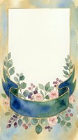 Watercolor floral frame with blue ribbon banner, pink roses, berries and green leaves. Elegant card template for wedding or invitation.