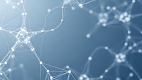 Abstract network connections with glowing nodes and lines on blue gradient background for technology and digital communication concepts.