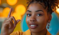 Young African American woman making peace sign gesture with warm bokeh lights background creating positive cheerful atmosphere for lifestyle content.