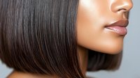 Close up profile view of straight dark bob hairstyle and glossy lips against light background, showcasing modern beauty and hair styling trends.