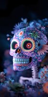 Decorated sugar skull with intricate floral patterns and swirls in neon colors against dark background, adorned with glowing daisies and ornate details for Day of Dead celebration.