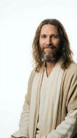 Middle-aged Caucasian man with long brown hair and beard wearing traditional beige robes, smiling warmly against white background for spiritual content.