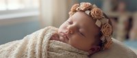 Peaceful newborn baby girl sleeping wrapped in cream knit blanket wearing floral headband in soft natural light for nursery decor and parenting content.