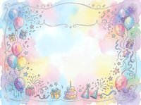 Watercolor birthday party frame with balloons, gifts and cake on pastel rainbow background. Celebration border for invitations and greeting cards.