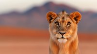 Young lion cub portrait in golden desert landscape with warm sunset lighting and blurred mountain background for wildlife photography projects.