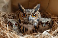 Great horned owl mother with two baby owlets nestled in straw nest, close up view showing bright orange eyes and detailed feathers in warm brown tones.