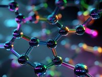 Colorful molecular structure with metallic spheres connected by glowing bonds in neon colors against dark background, illustrating scientific research and chemistry concepts.