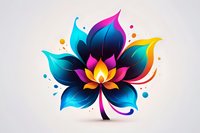 Vibrant lotus flower with gradient petals in blue, pink, and orange tones against light background, stylized with flowing curves and decorative dots for spiritual designs.