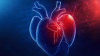 Anatomical heart hologram visualization with glowing red highlight showing cardiac problem area against dark background with network connections.