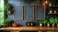 Rustic kitchen interior with empty golden frames on dark wall, wooden counter, wine bottles, fresh herbs in pots and bowl of red apples. Atmospheric lighting.