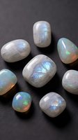 Collection of polished rainbow moonstone gemstones displaying iridescent blue and green flashes on dark textured surface for jewelry making and crystal healing.