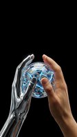 Human hand and robotic arm holding glowing digital sphere with circuit board patterns against black background, representing artificial intelligence, technology integration, and human-machine collaboration.