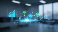 Digital business analytics holographic interface with growth charts and data visualization icons floating above modern office desk for corporate presentations.