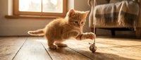 Playful ginger kitten pouncing on a toy mouse on wooden floor in sunlit room with cozy home interior and furniture.