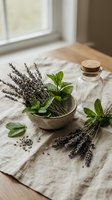 Fresh lavender and mint herbs arranged in rustic wooden bowl with glass bottle on linen cloth. Natural aromatherapy ingredients for spa treatments and wellness.