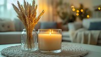 Aromatic candle and dried wheat stalks in glass vase on woven placemat create cozy autumn atmosphere with warm bokeh lights in background.