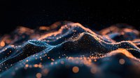 Glowing digital wave landscape with orange and blue particles flowing over dark background creates futuristic terrain visualization with sparkles and bokeh effect.