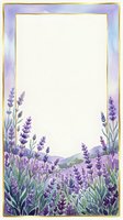 Watercolor lavender field frame with gold border and copy space, featuring purple blooms and rolling hills for cards and invitations.