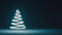 Glowing neon Christmas tree made of light trails on dark background. Holiday decoration concept for festive designs and winter celebrations.