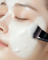 Applying white facial mask with professional makeup brush, close up view of smooth skin with cosmetic treatment for spa and skincare routine.