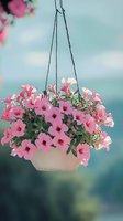 Pink petunias blooming in white hanging basket against soft blue sky background, creating romantic garden atmosphere for spring and summer decoration.