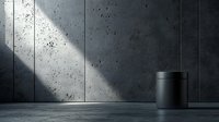 Minimalist concrete interior with dramatic diagonal light beam falling on textured wall and black cylindrical object on floor creating moody atmospheric scene.