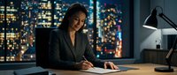 Woman of South Asian descent, professional appearance, wearing dark business blazer, seated at wooden desk writing on document, modern office setting with floor-to-ceiling windows overlooking illuminated cityscape at night, desk lamp and computer visible, corporate workspace environment.