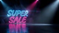 Neon super sale sign glowing in blue and pink colors on dark background with colorful spotlights for retail marketing and promotional campaigns.